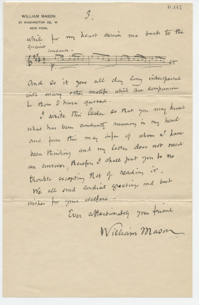 Lettre (avec enveloppe) adressée par William Mason, 29 Washington Sq. W. à New York, à «my dear friend» Paderewski, «c/o Otto Sutro & Co, Music Dealers, Baltimore», le 10 décembre 1895