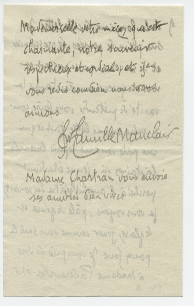 Lettre adressée par Camille Mauclair à Paderewski, de l'Ile de Clarens (sur le Léman au large de Montreux) un lundi de 1910 (?) (7-8)