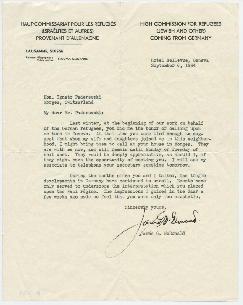 Lettre adressée (en anglais) par James G. McDonald, du Haut-Commissariat pour les réfugiés (israélites et autres) provenant d'Allemagne, à «Hon. Ignatz Paderewski», à Morges, de l'Hôtel Bellevue à Genève le 6 septembre 1934