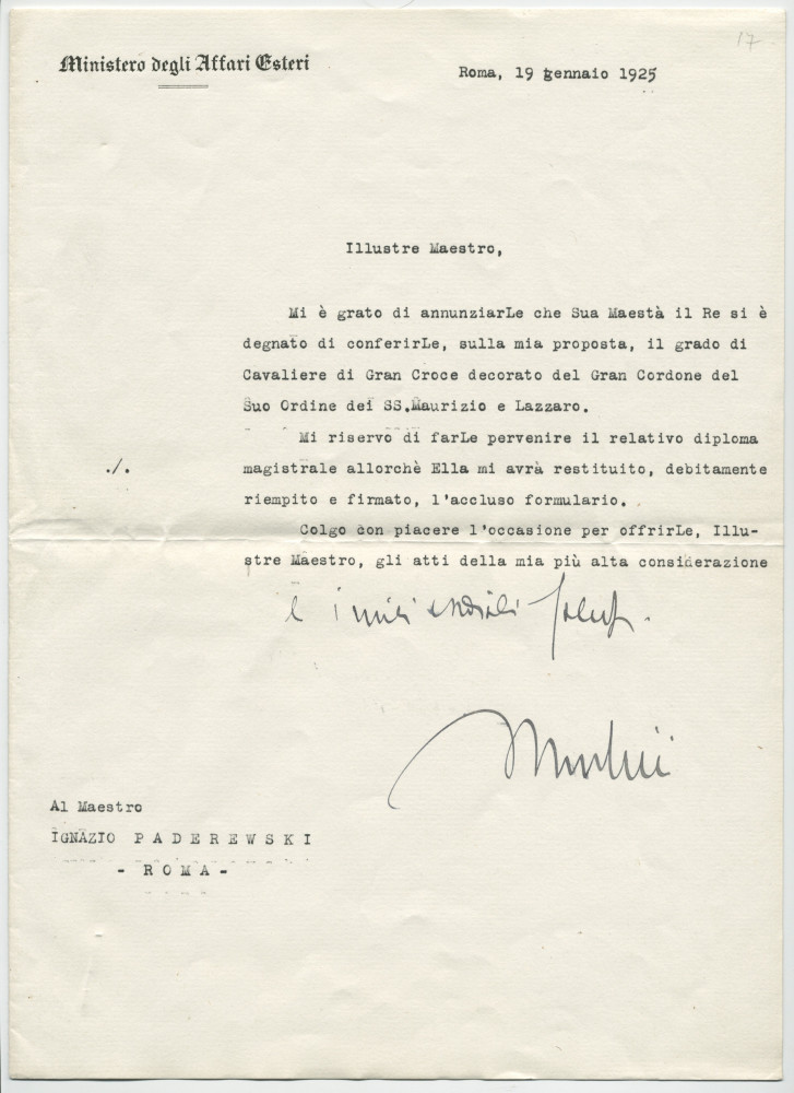 Lettre (avec formulaire) adressée par Benito Mussolini, président du Conseil des ministres italien, sur papier à en-tête du Ministère des affaires étrangères, «al [illustre] Maestro Ignazio Paderewski, Roma», de Rome le 19 janvier 1925