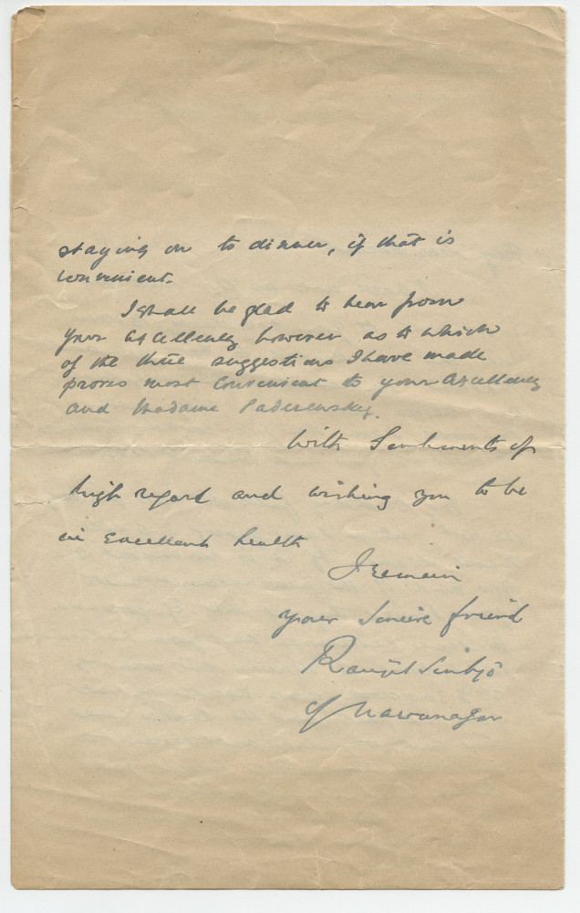 Lettre adressée (en anglais) par «H. H. The Maharaja Jam Saheb of Nawanagar» à Paderewski, de l'Hôtel de la Paix à Genève, siège de la délégation indienne [auprès de la Société des Nations], le 11 septembre 1923