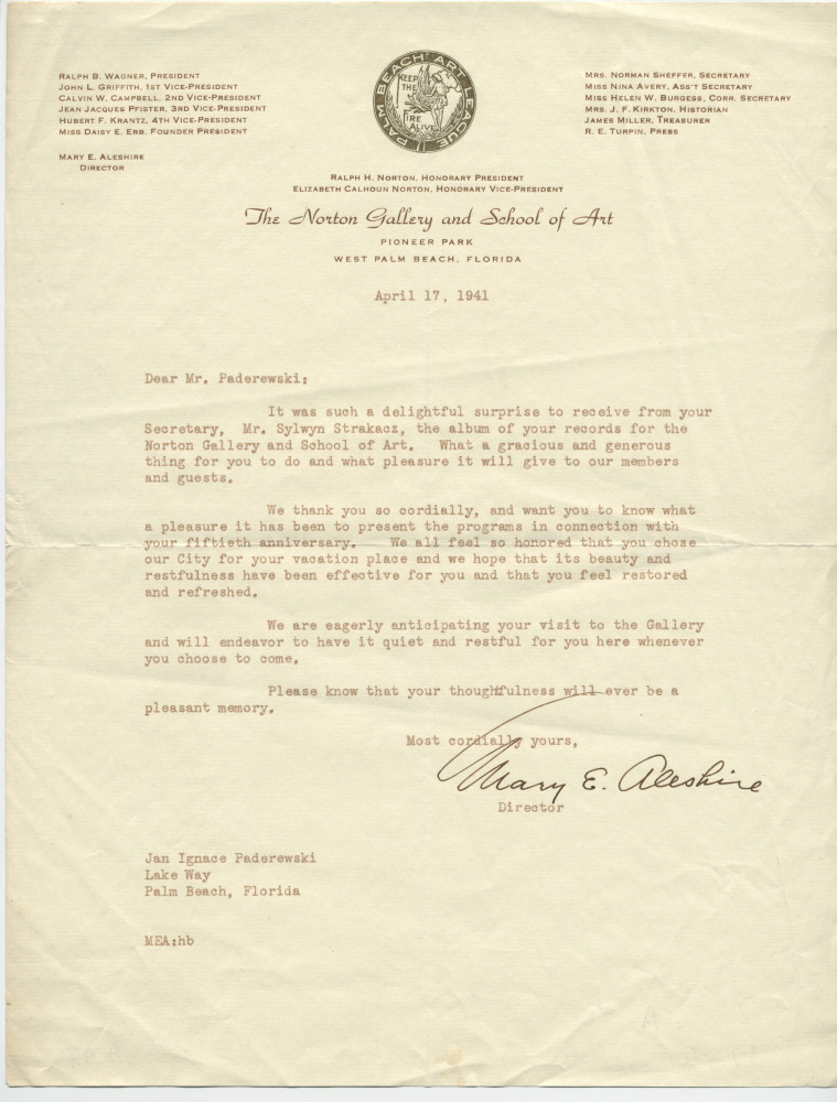 Lettre adressée par Mary E. Aleshire, directrice de la Norton Gallery and School of Art de Palm Beach (Floride), à Paderewski, à Lake Way, Palm Beach, le 17 avril 1941