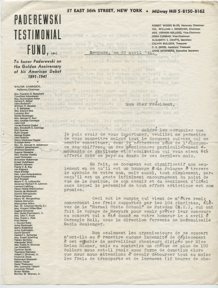 Lettre adressée par Doda Conrad, vice-président du Paderewski Testimonial Fund à New York, à «mon cher Président» Paderewski, le 29 avril 1941