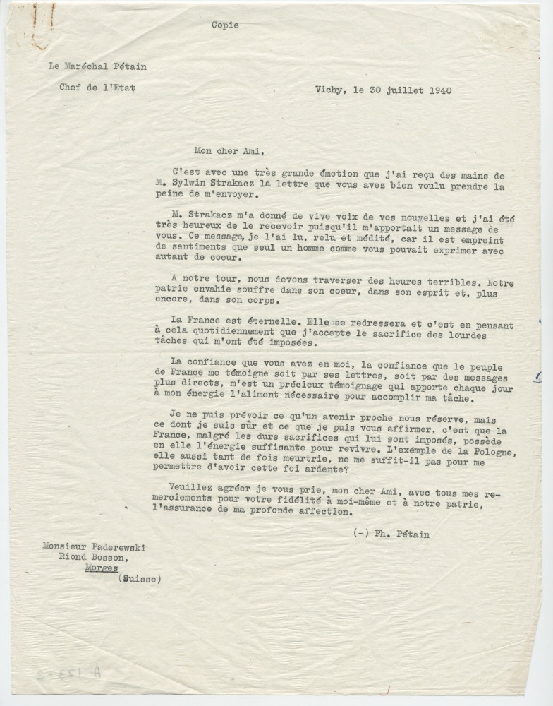 Copie dactylographiée de la lettre adressée par le maréchal Pétain, «Chef de l'Etat», à «Monsieur Paderewski, Riond-Bosson», de Vichy le 30 juillet 1940