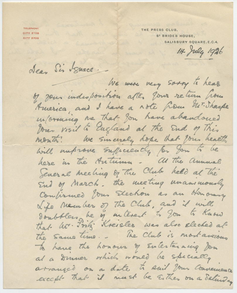 Lettre (avec enveloppe) adressée par Arthur Moreland, Chairman Entertainment Comitee du Press Club, St. Bride's House, Salisbury Square à Londres, à «Dear Sir Ignace», le 14 juillet 1926