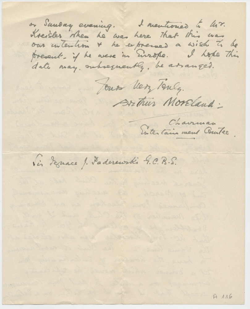 Lettre (avec enveloppe) adressée par Arthur Moreland, Chairman Entertainment Comitee du Press Club, St. Bride's House, Salisbury Square à Londres, à «Dear Sir Ignace», le 14 juillet 1926
