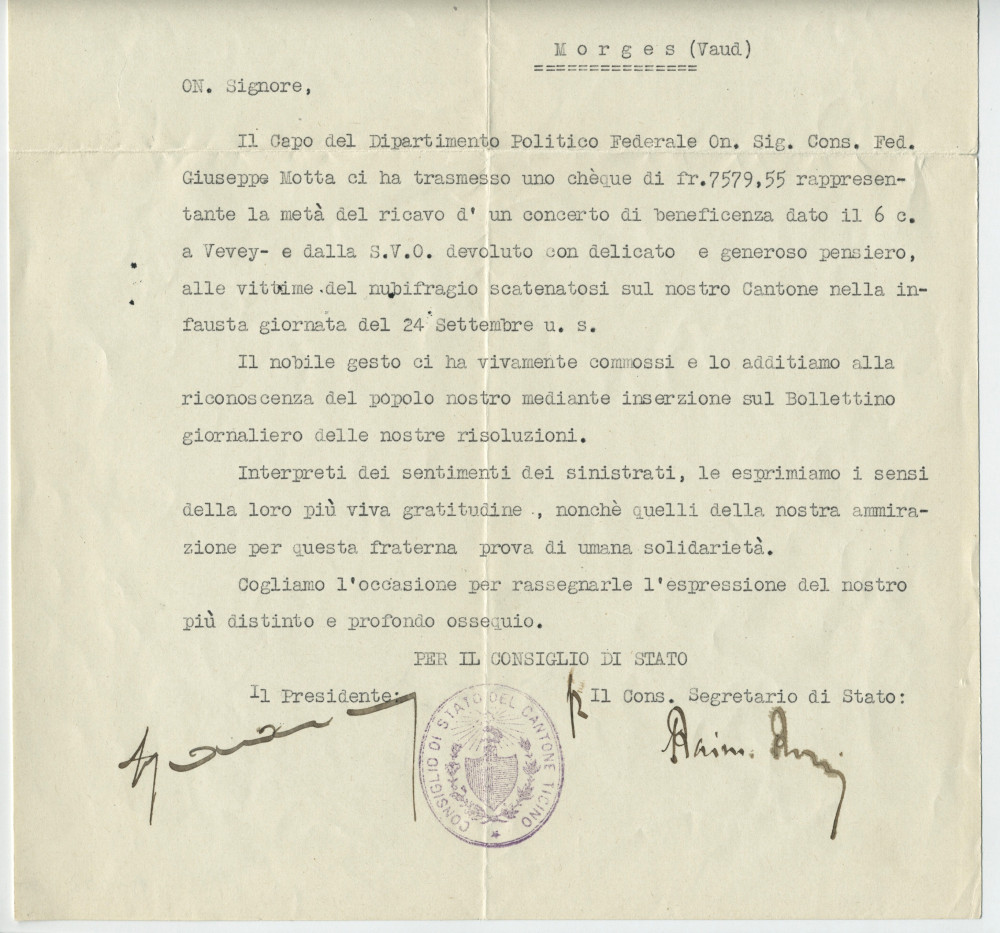 Lettre adressée (en italien) par le Conseil d'Etat du Tessin à «Maestro Ignazio Paderewski, già Presidente del Governo della Polonia», de Bellinzone le 21 janvier 1925