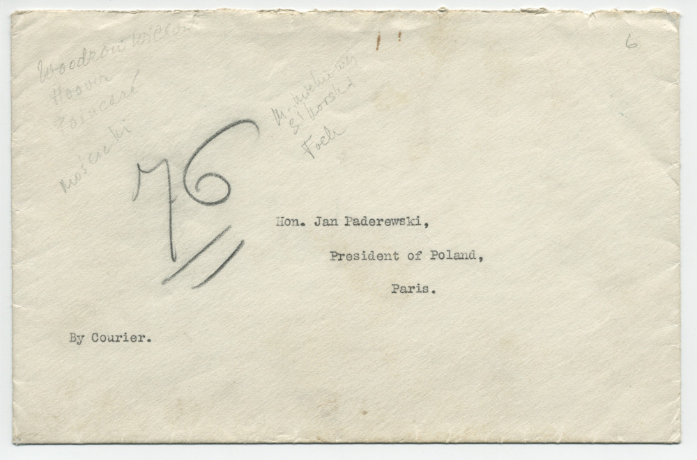 Lettre (avec enveloppe) adressée par le président américain Woodrow Wilson à «Hon. Jan Paderewski, President of Poland, Paris», de Paris le 26 avril 1919