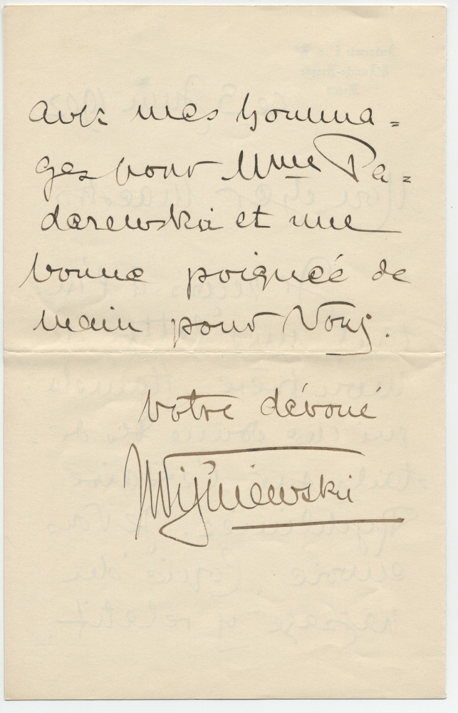 Lettre adressée par [le comte Stanislas de] Wisniewski, [conseiller] à l'ambassade impériale et royale d'Autriche-Hongrie à Madrid, à «mon cher Maestro» Paderewski, le 3 juin 1902