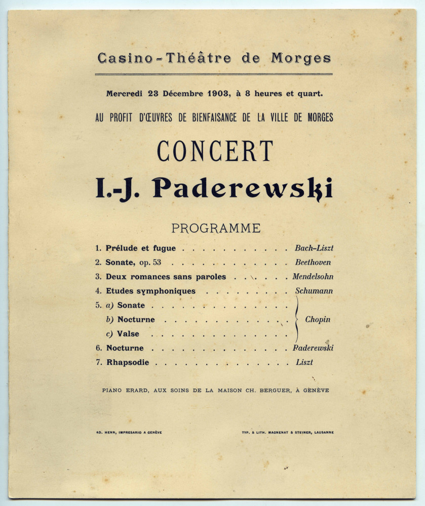 Programme du récital donné par Paderewski le 23 décembre 1903 au Casino-Théâtre de Morges au profit d'œuvres de bienfaisance de la Ville