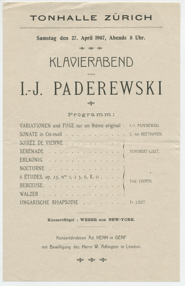 Programme du «Klavierabend» [soirée de piano] donnée par Paderewski le 27 avril 1907 à la Tonhalle de Zurich