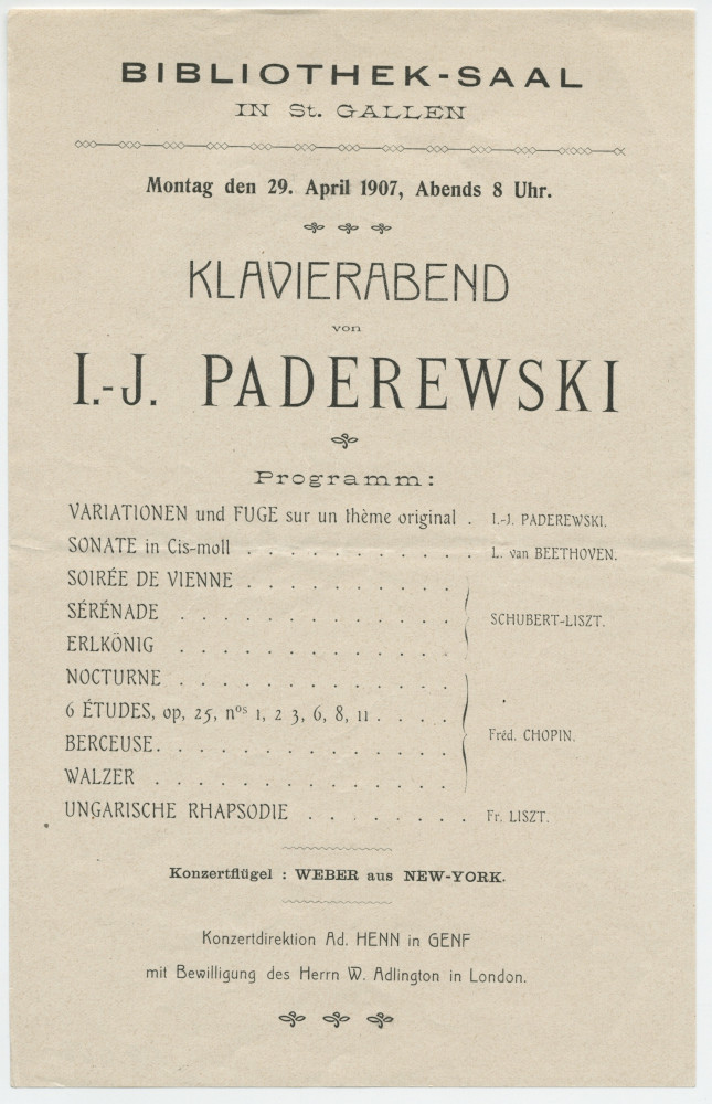 Programme du «Klavierabend» [soirée de piano] donnée par Paderewski le 29 avril 1907 à la Bibliothek-Saal de Saint-Gall