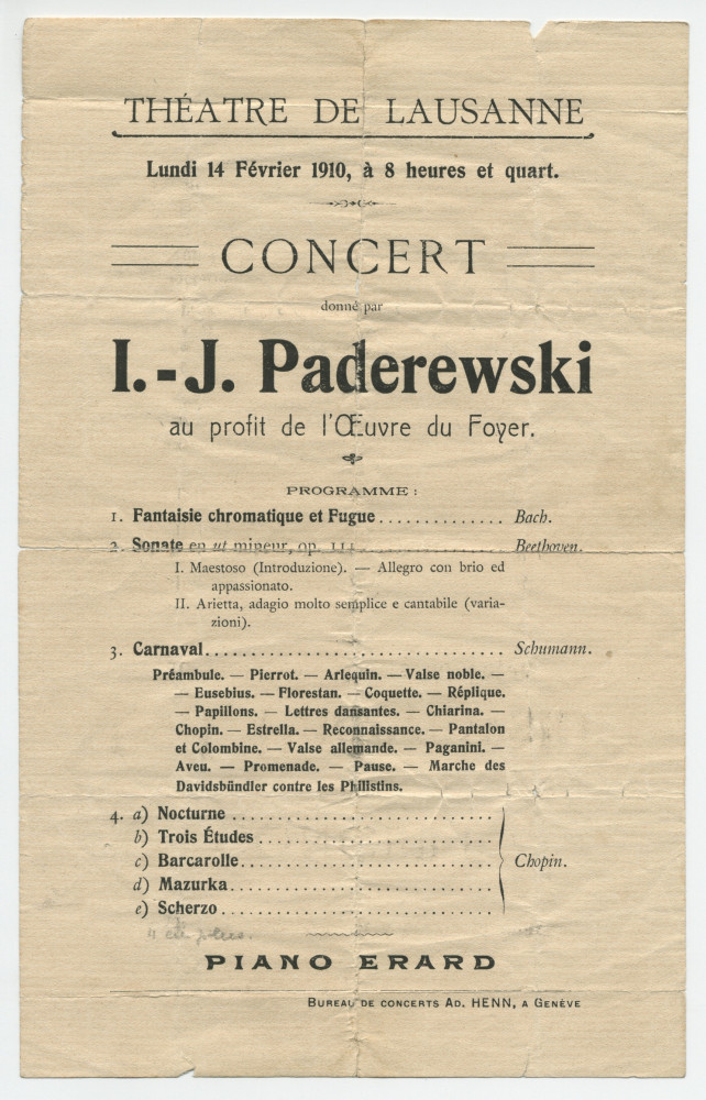 Programme dédicacé du récital donné par Paderewski le 14 février 1910 au Théâtre de Lausanne au profit de l'Œuvre du Foyer