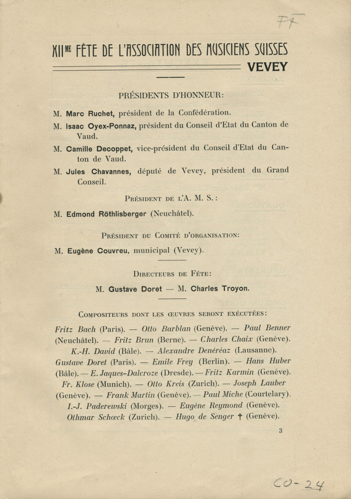 Libretto de la 12e Fête des Musiciens Suisses (publié par la revue «La Vie Musicale» dirigée par Georges Humbert), durant laquelle est interprétée la première partie de la Symphonie en si mineur op. 24 de Paderewski