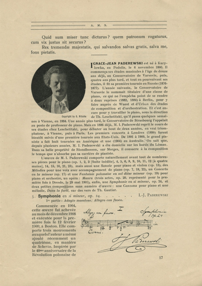 Libretto de la 12e Fête des Musiciens Suisses (publié par la revue «La Vie Musicale» dirigée par Georges Humbert), durant laquelle est interprétée la première partie de la Symphonie en si mineur op. 24 de Paderewski