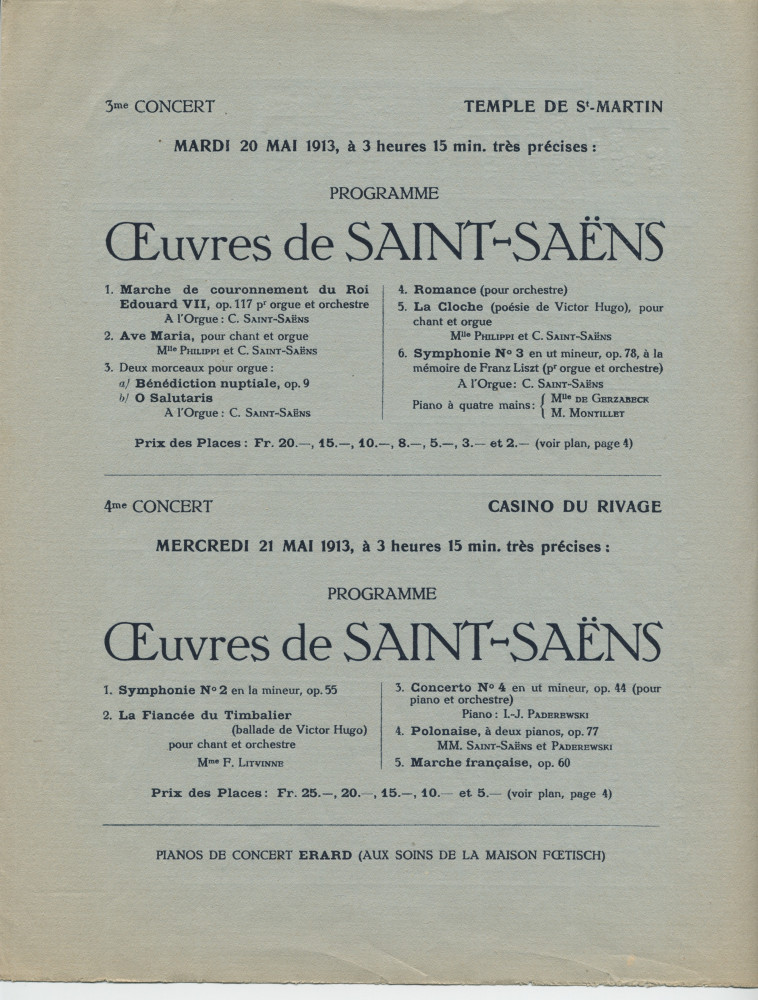 Programme des Fêtes musicales en l'honneur de Camille Saint-Saëns organisées du 18 au 21 mai 1913 au Casino du Rivage et au Temple Saint-Martin à Vevey avec le concours de Camille Saint-Saëns, Ignace Paderewski et Gustave Doret