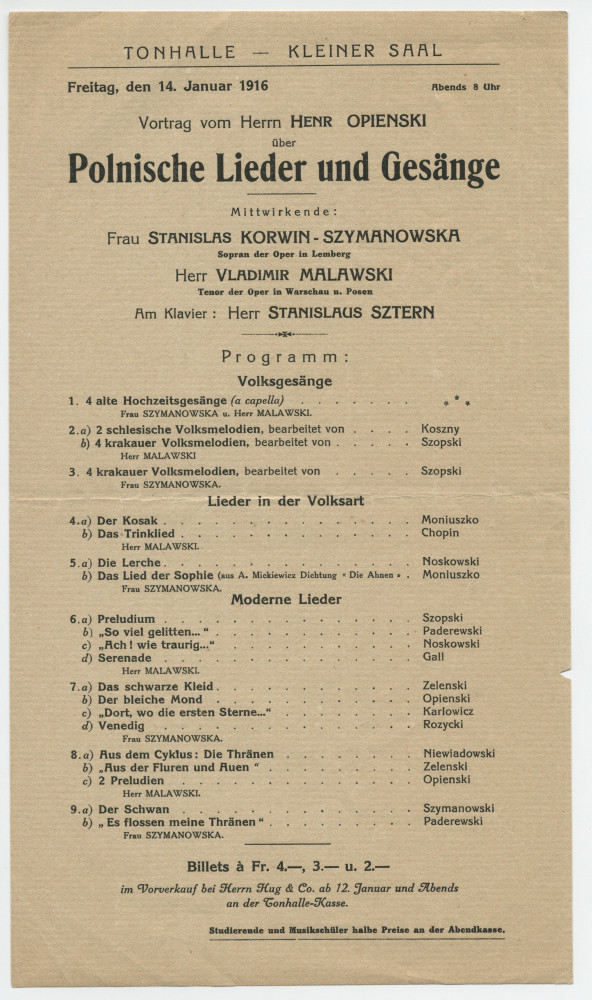 Programme de la causerie sur les chants et chansons de Pologne [Polnische Lieder und Gesänge] donnée le 14 janvier 1916 à la Kleiner Saal de la Tonhalle de Zurich par Henryk Opienski