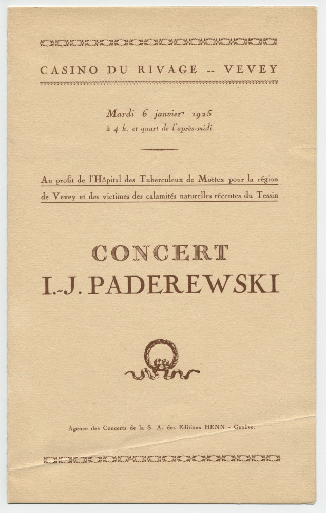 Programme du récital donné par Paderewski le 6 janvier 1925 au Casino du Rivage de Vevey «au profit de l'Hôpital des tuberculeux de Mottex pour la région de Vevey et des victimes des calamités naturelles récentes du Tessin»