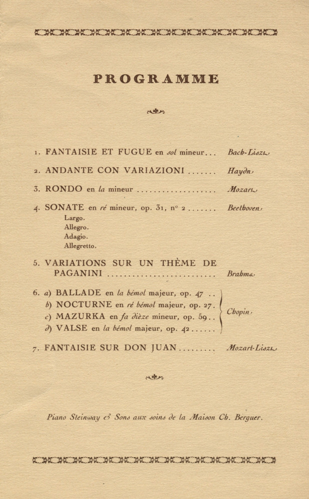 Programme du récital donné par Paderewski le 8 janvier 1925 au Victoria Hall de Genève au profit du Comité international de la Croix-Rouge