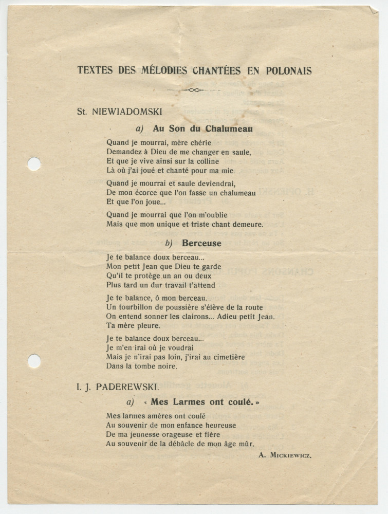 Programme du récital donné le 1er mars 1927 à la Salle de la Concorde à Morges par la cantatrice Lydia Barblan-Opienska et la pianiste Yvonne Barblan, interprètes entre autres de deux mélodies de Paderewski (avec traduction française des paroles)