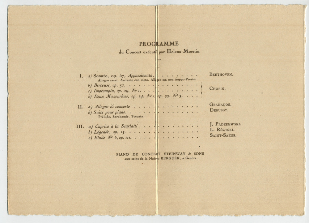 Programme de la soirée artistique organisée le 3 mai 1927 au Conservatoire de Genève par la Délégation polonaise auprès de la Société des Nations à l'occasion de la Fête nationale polonaise, avec le concours de la pianiste Helena Morstin
