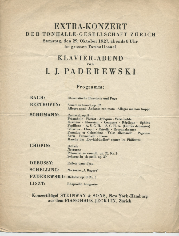Programme du «Klavier-Abend» [soirée de piano] donné par Paderewski le 29 octobre 1929 à la Tonhalle de Zurich, «Extra-Konzert der Tonhalle-Gesellschaft»