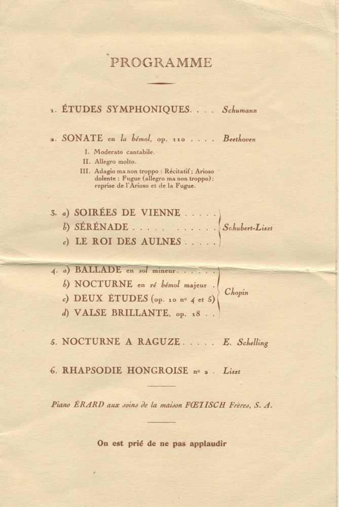 Programme, billets d'entrée, avertissement et carton d'invitation de la Municipalité de Lausanne pour le concert donné par Paderewski le 27 novembre 1928 à la Cathédrale de Lausanne au profit de la construction d'une salle de concerts