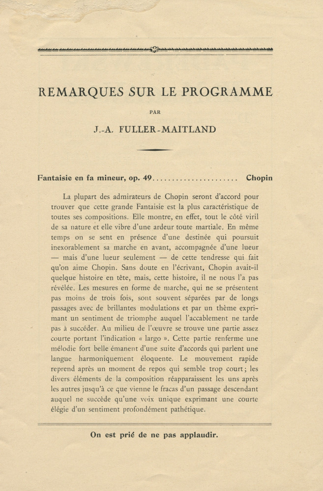 Libretto du récital Chopin donnée par Paderewski le 5 décembre 1928 à la Cathédrale de Lausanne au profit de la construction d'une salle de concerts à Lausanne (a-e)