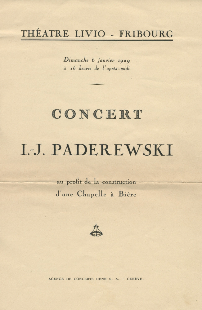 Programme du récital Chopin donné par Paderewski le 6 janvier 1929 au Théâtre Livio de Fribourg au profit de la construction d'une Chapelle à Bière