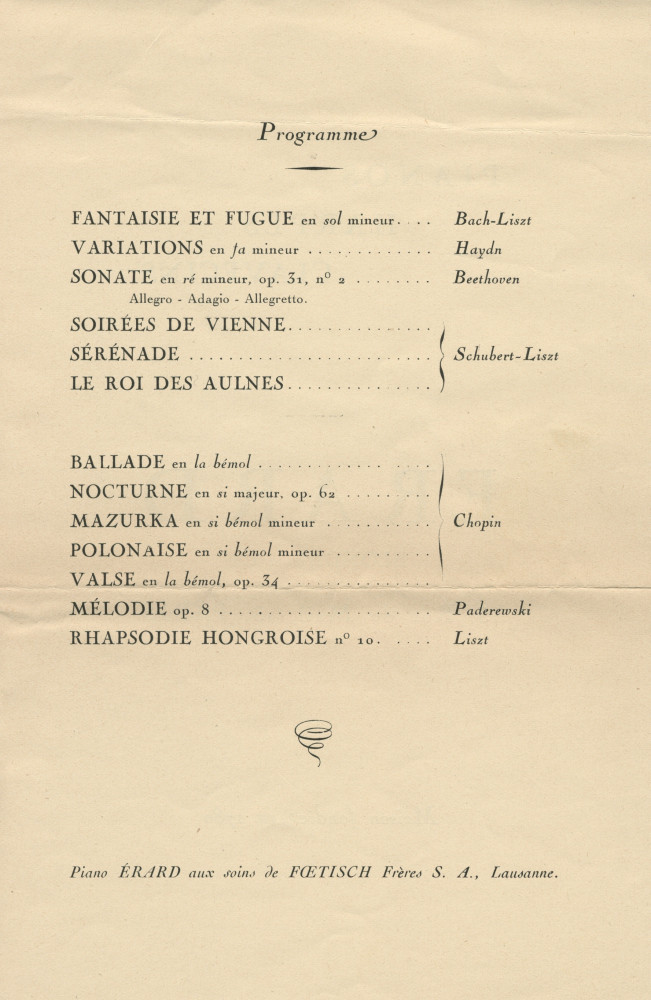 Programme du récital Chopin donné par Paderewski le 6 janvier 1929 au Théâtre Livio de Fribourg au profit de la construction d'une Chapelle à Bière