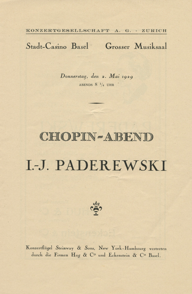 Libretto du «Chopin-Abend» [soirée Chopin] donné par Paderewski le 2 mai 1929 dans la Grosser Musiksaal du Stadt-Casino de Bâle