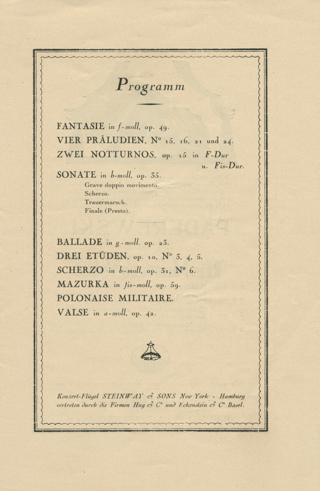 Libretto du «Chopin-Abend» [soirée Chopin] donné par Paderewski le 2 mai 1929 dans la Grosser Musiksaal du Stadt-Casino de Bâle