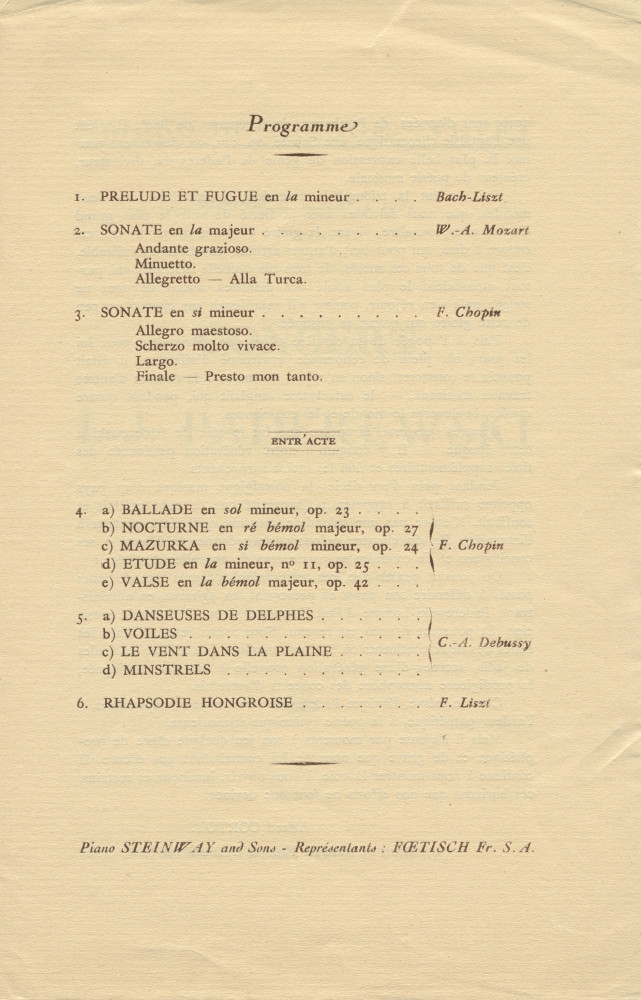 Libretto, billets et avertissement pour le récital donné par Paderewski le 9 novembre 1932 au Casino du Rivage de Vevey au profit de l'Œuvre de secours aux chômeurs de la ville de Vevey (a-e)