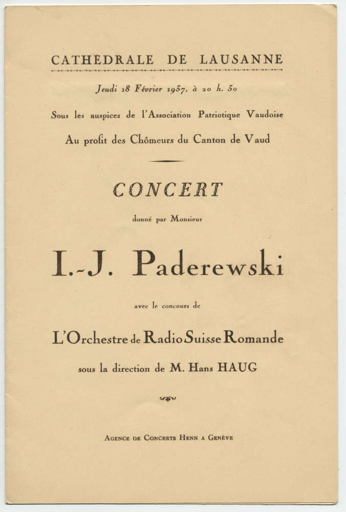 Programme du concert donné par Paderewski le 18 février 1937 à la Cathédrale de Lausanne – avec reproduction (journal) de l'allocution de Mgr prononcée à l'issue du concert