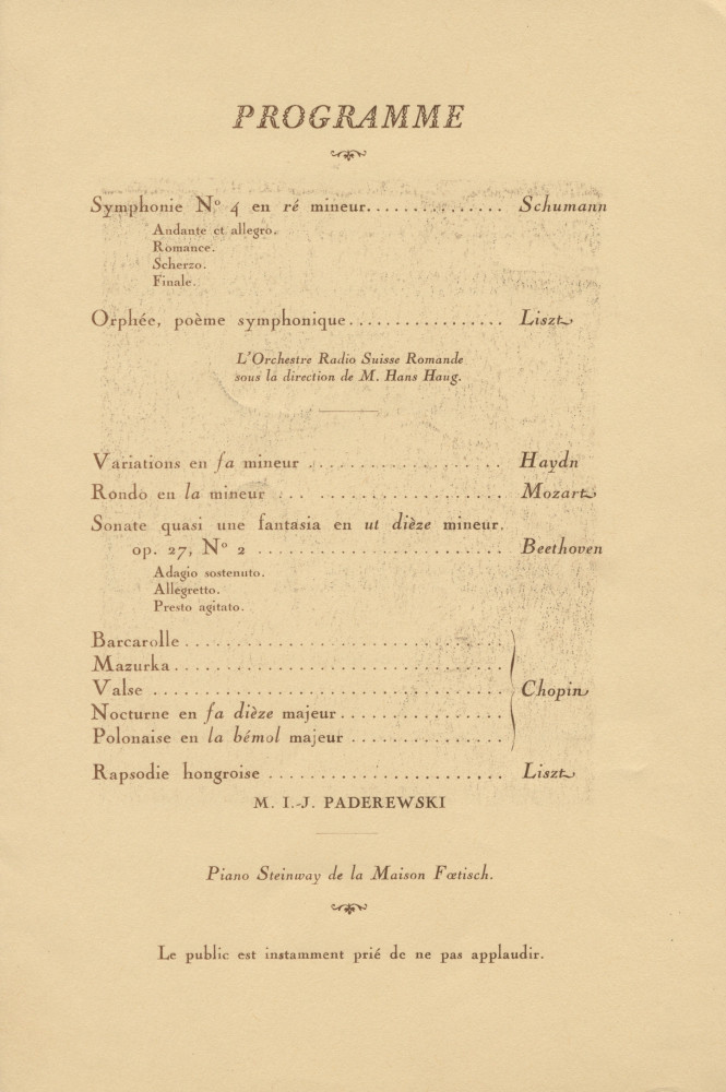 Programme du concert donné par Paderewski le 18 février 1937 à la Cathédrale de Lausanne – avec reproduction (journal) de l'allocution de Mgr prononcée à l'issue du concert