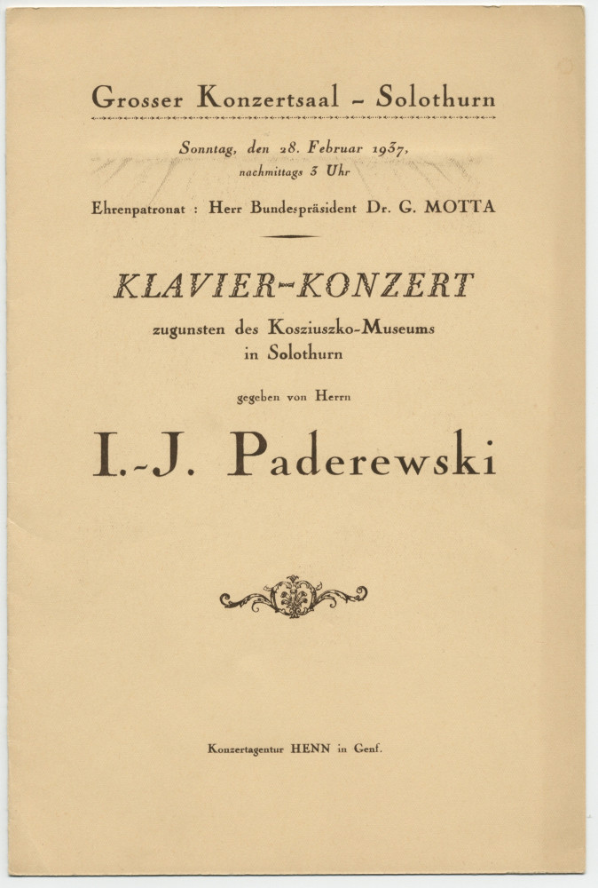 Programme du récital donné par Paderewski le 28 février 1937 au Grosser Konzertsaal de Soleure, sous le patronage du président de la Confédération Giuseppe Motta, au profit du Musée Kosciuszko de Soleure