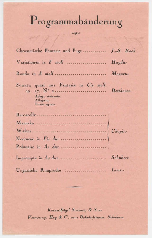 Programme du récital donné par Paderewski le 28 février 1937 au Grosser Konzertsaal de Soleure, sous le patronage du président de la Confédération Giuseppe Motta, au profit du Musée Kosciuszko de Soleure