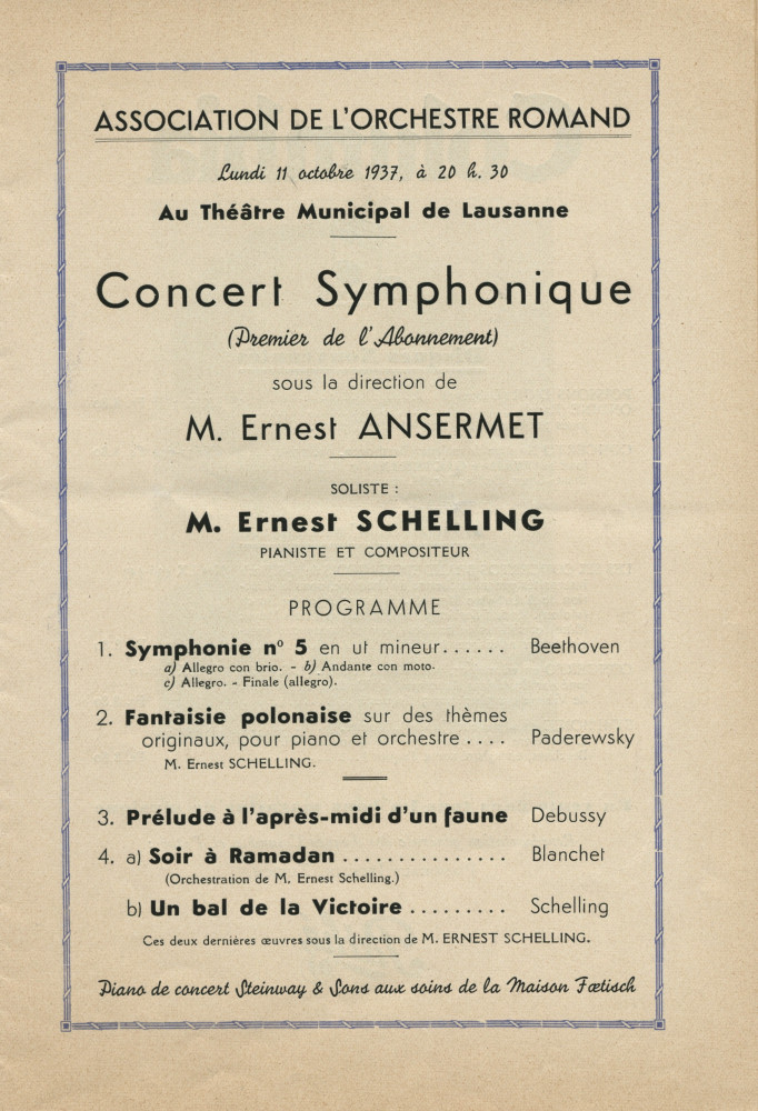 Libretto du premier concert d'abonnement de la saison lausannoise 1937-1938 de l'Orchestre Romand, donné le 11 octobre 1937 au Théâtre municipal sous la direction d'Ernest Ansermet, avec Ernest Schelling en soliste dans la «Fantaisie polonaise» de Pad.