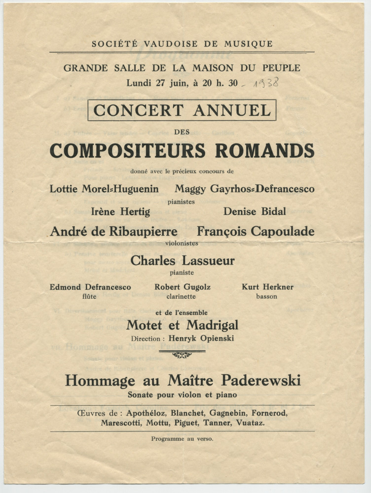 Programme du «concert annuel des compositeurs romands» donné le 27 juin 1938 à la Maison du Peuple à Lausanne, avec «hommage au Maître Paderewski» par André de Ribaupierre et Charles Lassueur