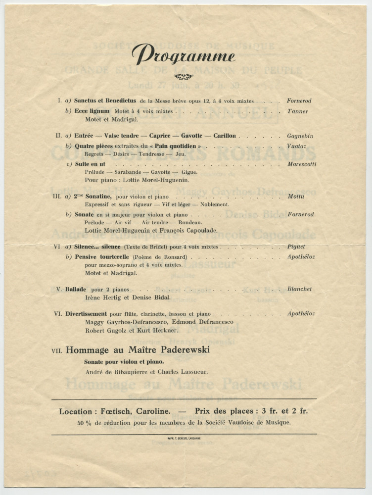 Programme du «concert annuel des compositeurs romands» donné le 27 juin 1938 à la Maison du Peuple à Lausanne, avec «hommage au Maître Paderewski» par André de Ribaupierre et Charles Lassueur