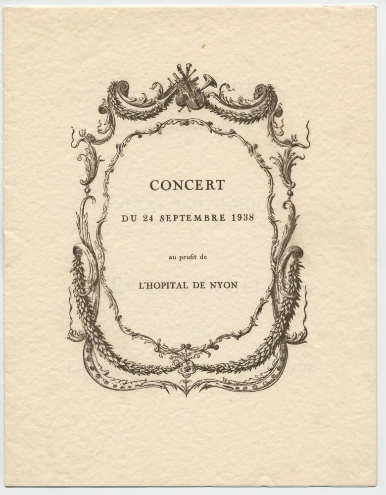 Libretto du concert donné le 24 septembre 1938 à la Salle communale de Nyon, au profit de l'Hôpital de Nyon, par le pianiste Ernest Schelling et l'Orchestre de la Suisse Romande, avec au programme notamment la «Fantaisie polonaise» de Pad.