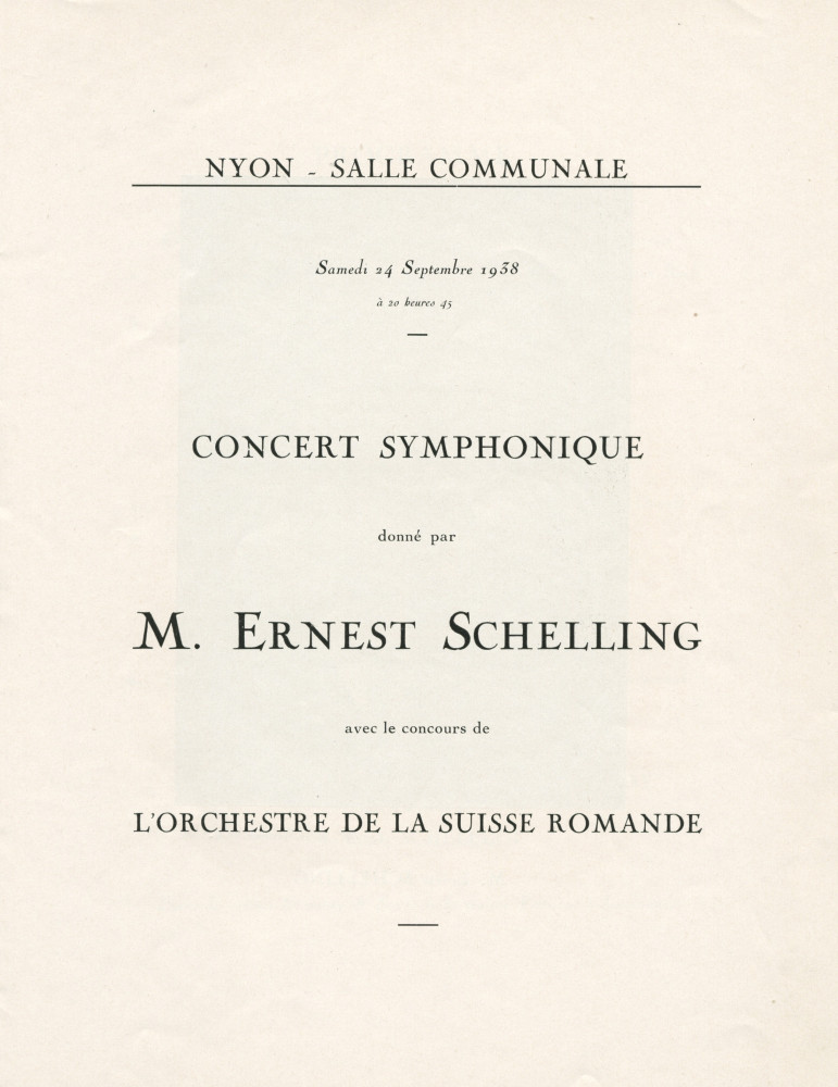 Libretto du concert donné le 24 septembre 1938 à la Salle communale de Nyon, au profit de l'Hôpital de Nyon, par le pianiste Ernest Schelling et l'Orchestre de la Suisse Romande, avec au programme notamment la «Fantaisie polonaise» de Pad.