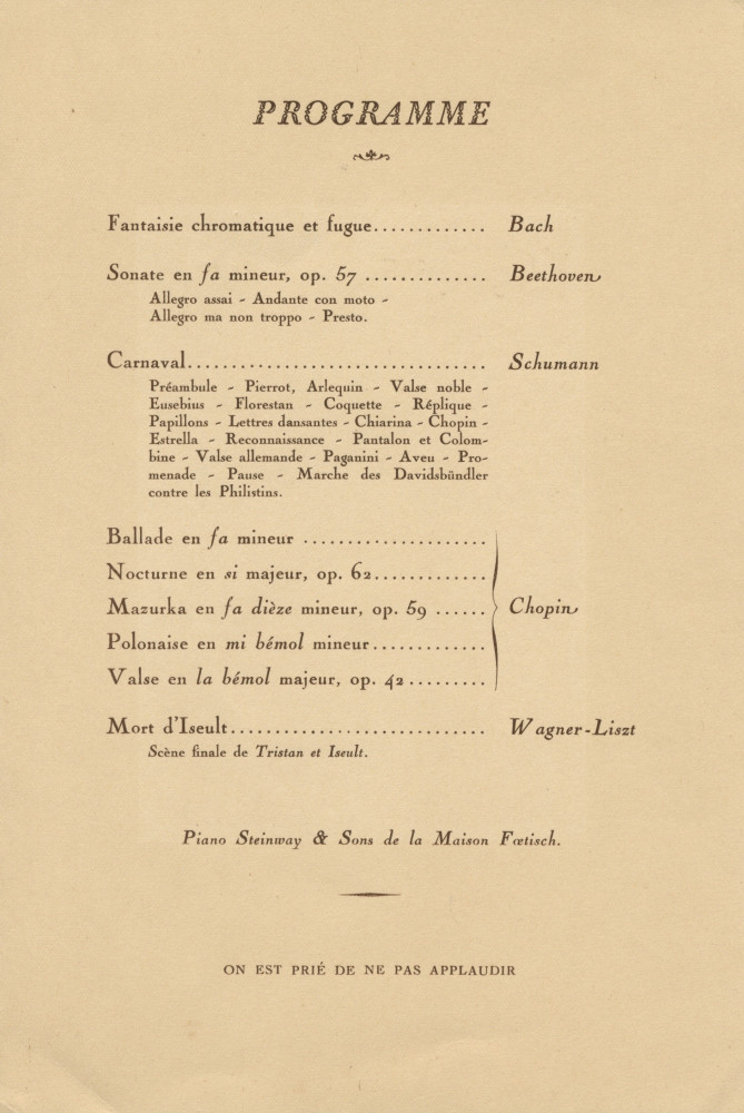 Programme du concert donné par Paderewski le 16 décembre 1938 à la Cathédrale de Lausanne sous les auspices de l'Association patriotique vaudoise et du Comité d'action pour la Salle Paderewski au profit de la construction de la Salle Paderewski