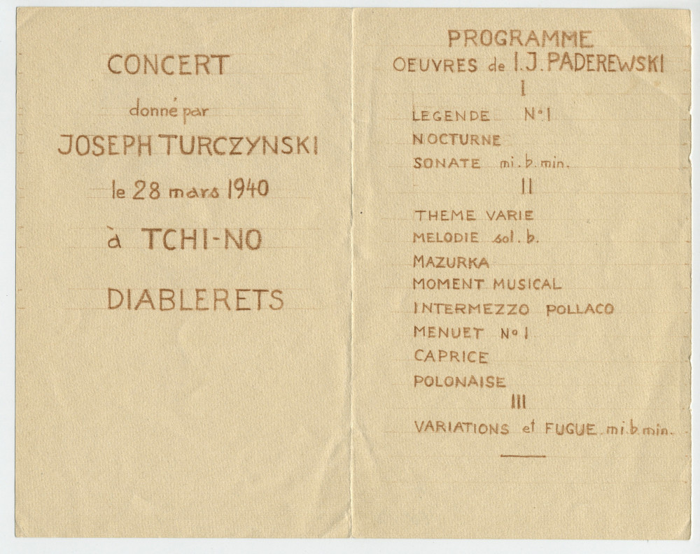 Programme (manuscrit) du récital Paderewski donné le 28 mars 1940 au [chalet] Tchi-Nô aux Diablerets par le pianiste Józef Turczynski, avec en frontispice un portrait au crayon du compositeur dû au peintre vaudois François de Ribaupierre