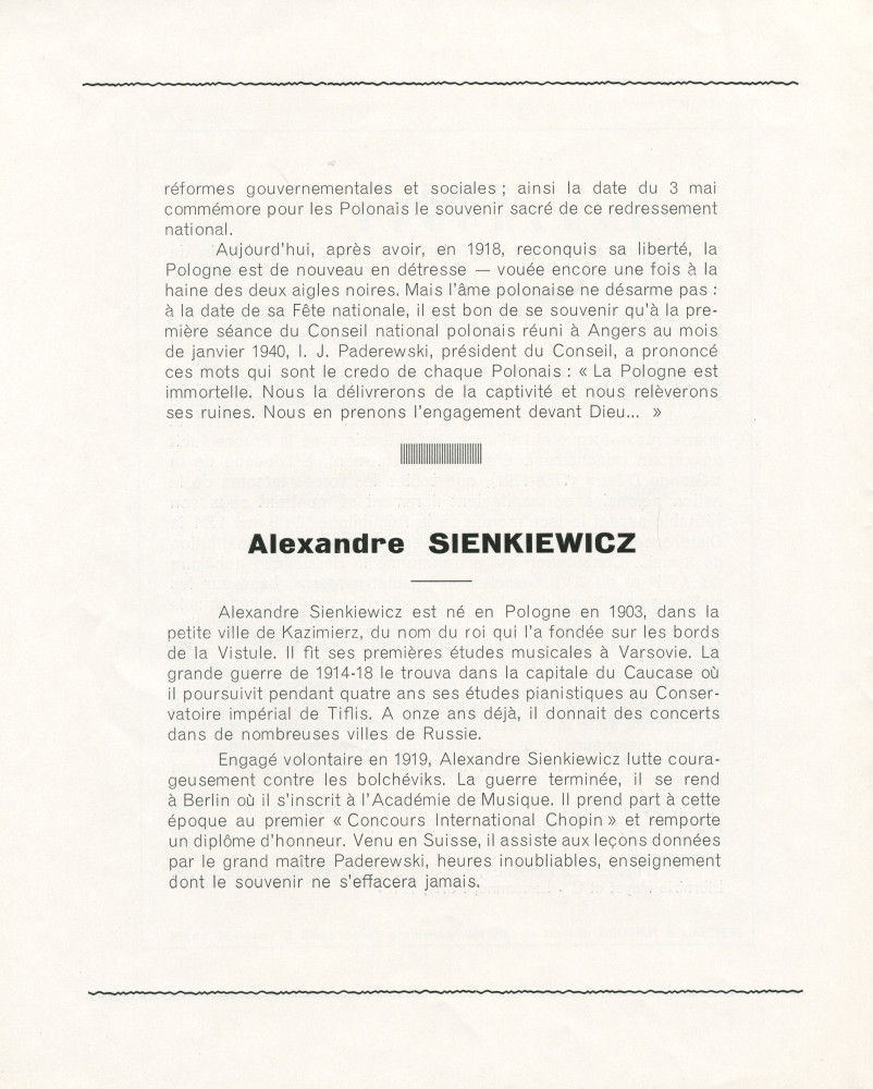 Libretto du concert extraordinaire offert par le pianiste Alexandre Sienkiewicz le 4 mai 1940 au Conservatoire de Genève, au profit des étudiants polonais victimes de la guerre, sous la haut patronage du «Président I. J. Paderewski» et de M. V. Martin, rec