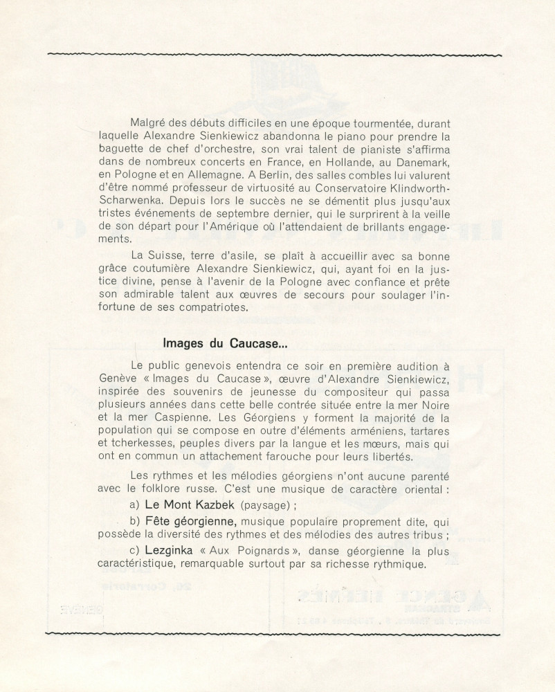 Libretto du concert extraordinaire offert par le pianiste Alexandre Sienkiewicz le 4 mai 1940 au Conservatoire de Genève, au profit des étudiants polonais victimes de la guerre, sous la haut patronage du «Président I. J. Paderewski» et de M. V. Martin, rec