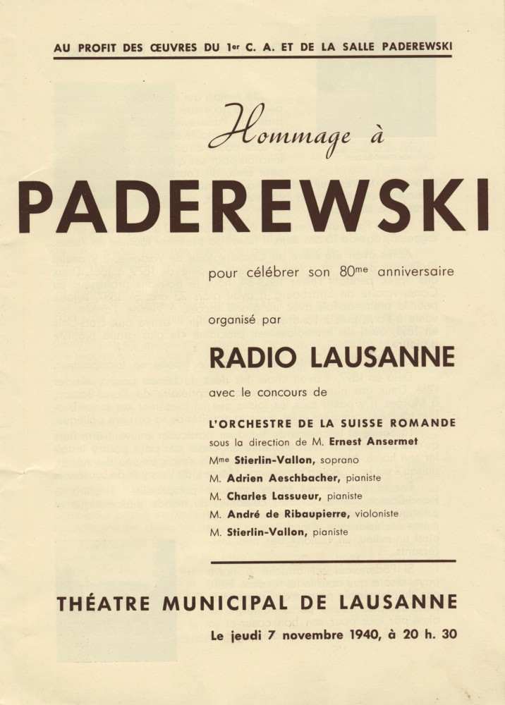 Libretto de l'hommage organisé par Radio-Lausanne le 7 novembre 1940 au Théâtre municipal pour célébrer le 80e anniversaire de Paderewski (a-e)