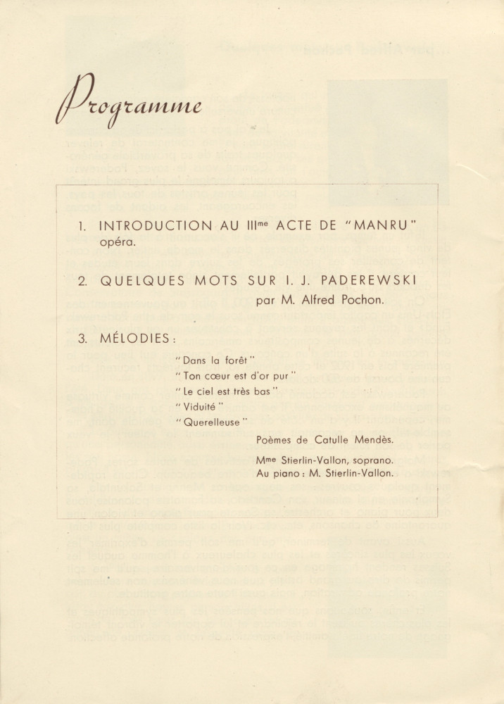 Libretto de l'hommage organisé par Radio-Lausanne le 7 novembre 1940 au Théâtre municipal pour célébrer le 80e anniversaire de Paderewski (f-i)