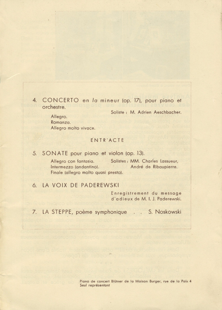 Libretto de l'hommage organisé par Radio-Lausanne le 7 novembre 1940 au Théâtre municipal pour célébrer le 80e anniversaire de Paderewski (f-i)