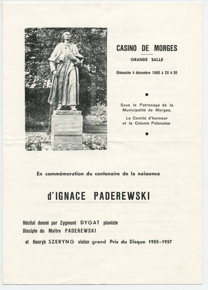 Programme et affichette du récital donné le 4 décembre 1960 à la Grande salle du Casino de Morges par le pianiste Zygmunt Dygat et le violoniste Henryk Szeryng en commémoration du centenaire de la naissance de Paderewski